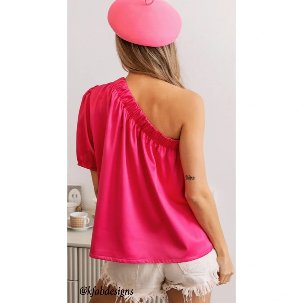 NEW! Fuchsia Soft Stretch Satin One Shoulder Top! - Picture 15 of 15